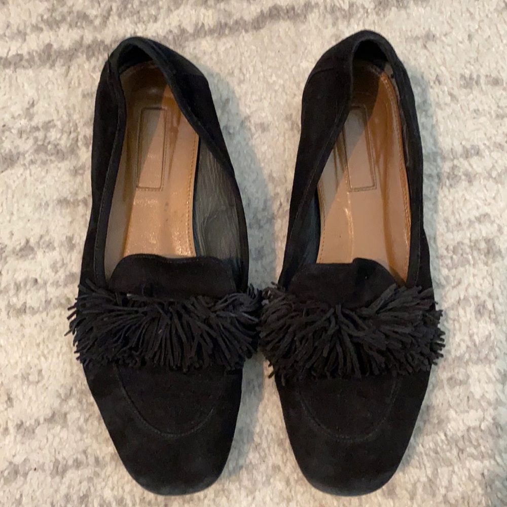 Aquazzura black suede fringe loafers size 6